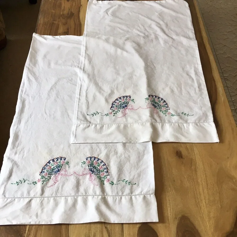 Vintage Hand Embroidered Pillow Cases - Fans - Standard size